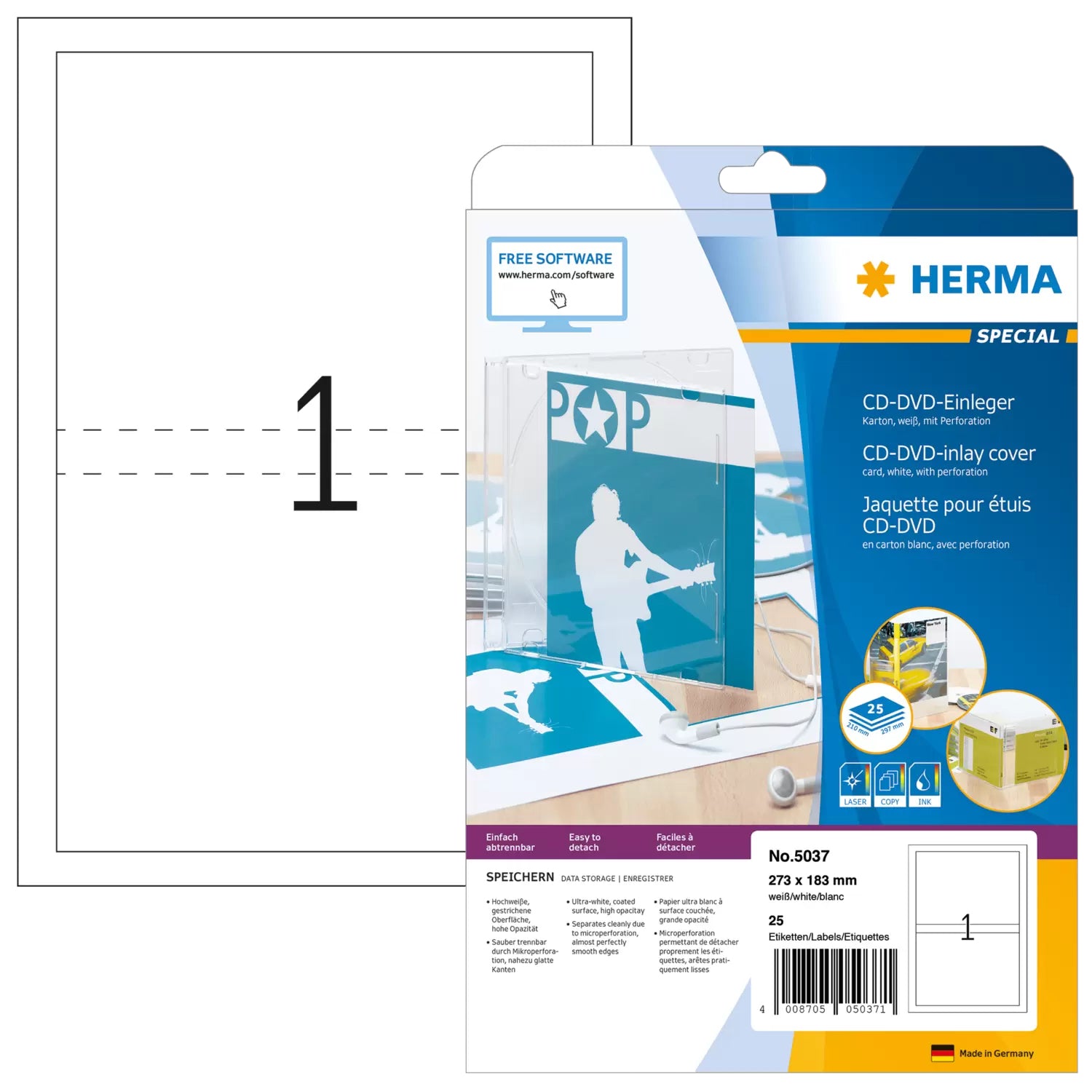 HERMA DVD-Einleger 273 × 183 mm – weiss – 1 pro Blatt, 25 Blätter – für Inkjet-/Laserdrucker und Kopierer