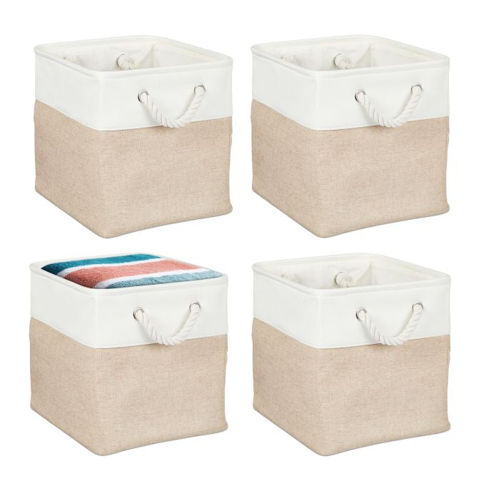 Relaxdays Aufbewahrungsbox ohne Deckel – Leinen – Beige/Weiss – 300 × 300 × 300 mm – mit Griffen – 4 Stück