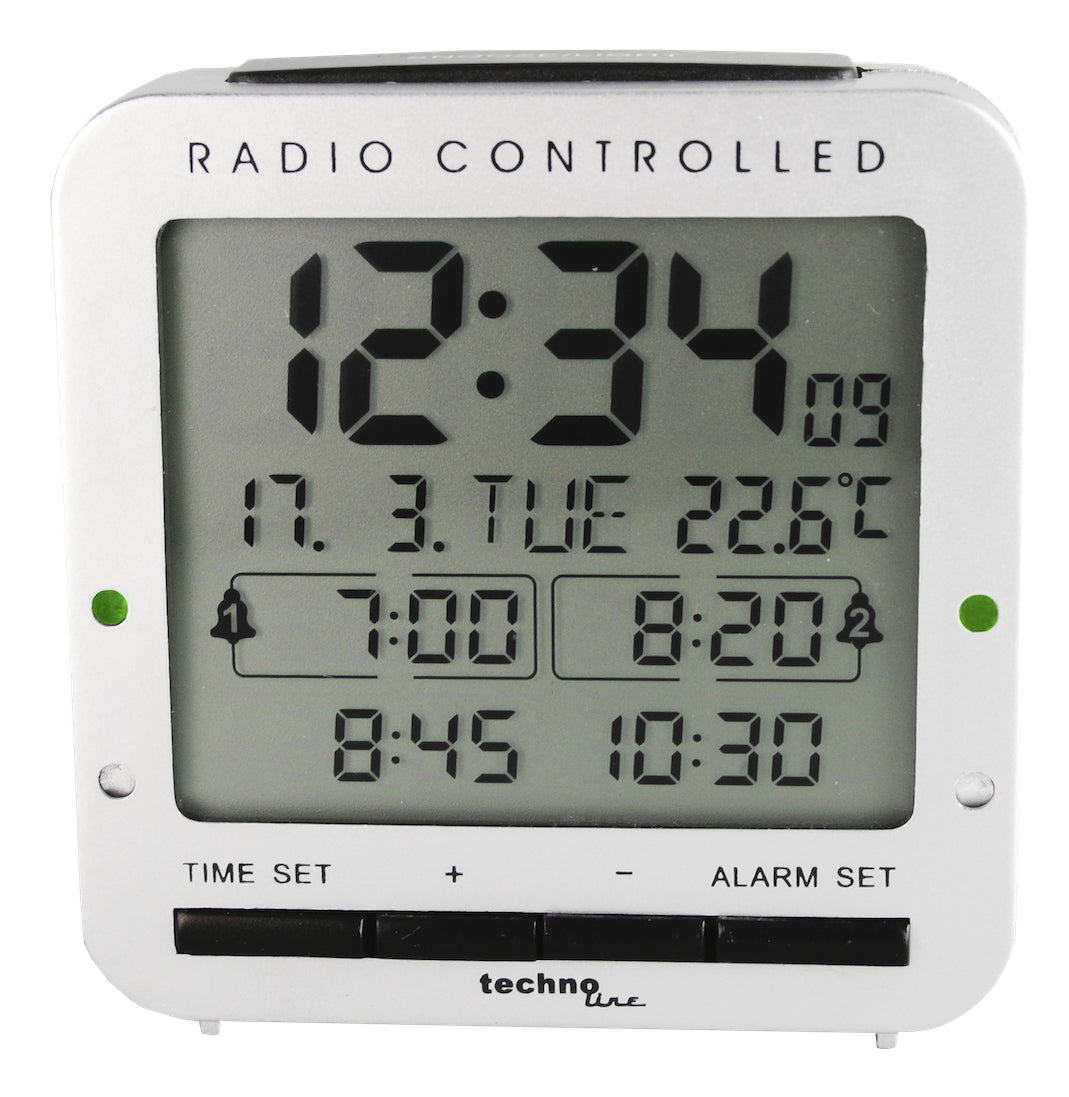 Technoline Digitalwecker – Funk, Snooze, Thermometer, 8 × 8 × 3 cm, Silber