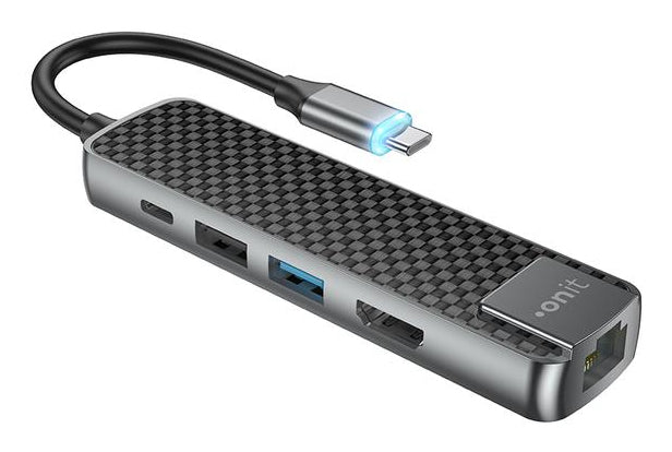 ONIT F00834 Multiport-Adapter – USB-C, 1× HDMI, 2× USB-A, 1× USB-C, 60 W PD, für Windows/Mac/Android