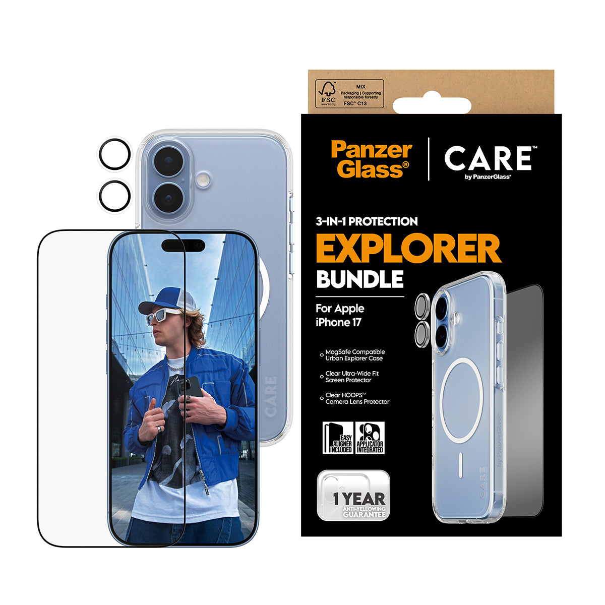 PanzerGlass Schutz-Set 3-in-1 – für Apple iPhone 17, kratzresistent, stossfest, Hartglas, Folie, transparent
