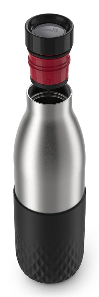 EMSA Bluedrop Isolierflasche 500 ml – Doppelwandig 12 h Heiss / 24 h Kalt, Edelstahl, Druckknopfdeckel, Schwarz
