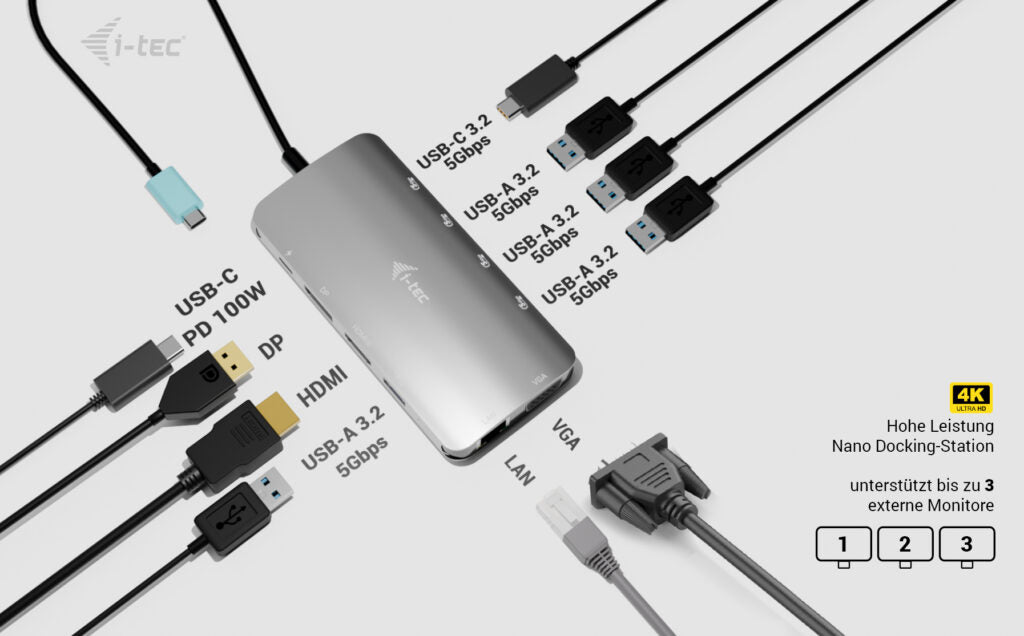 i-tec Metal Nano Dockingstation – USB-C, DP/HDMI/VGA, 100 W PD, GbE, für Windows/Mac/ChromeOS