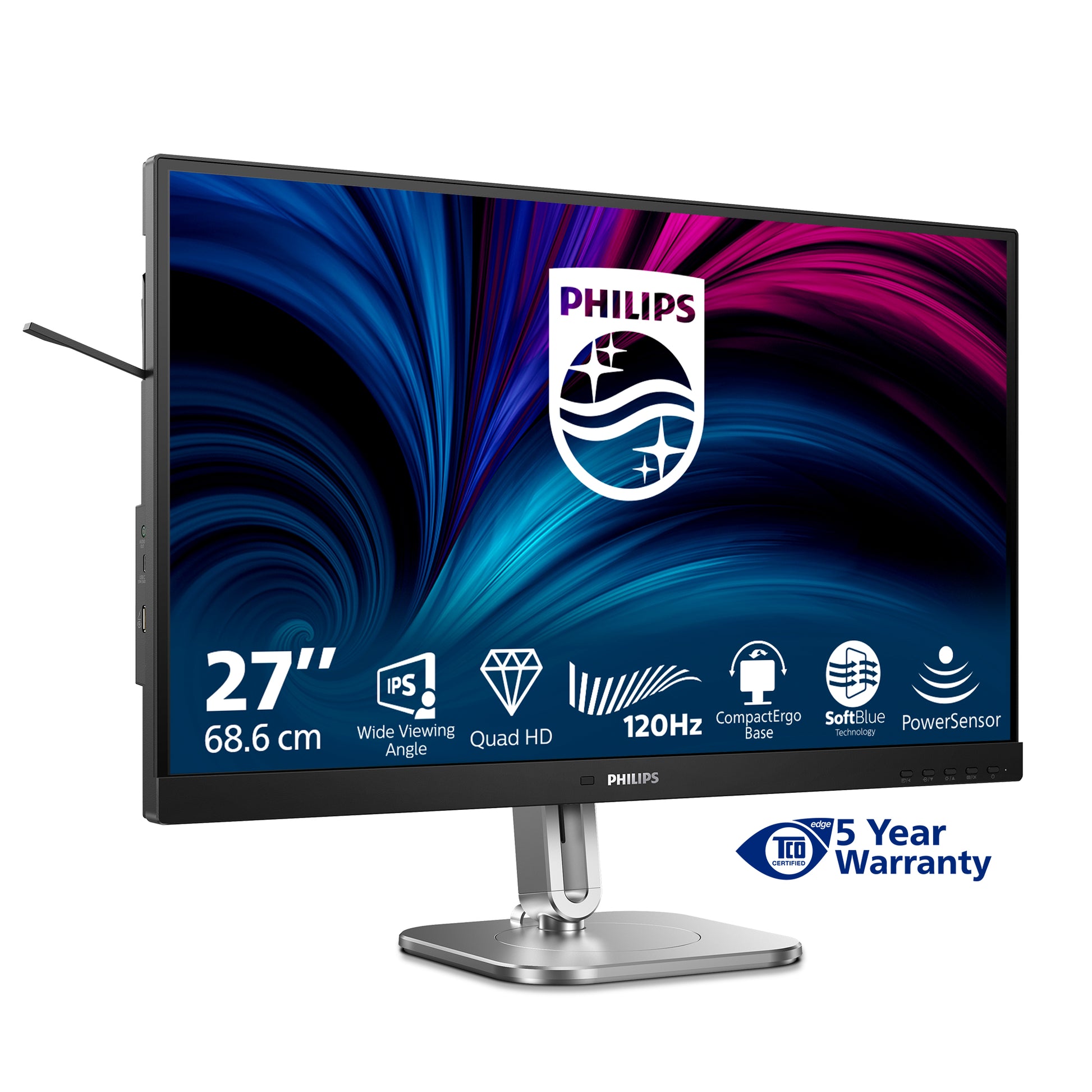 Philips 27B2N4500/00 – Monitor, 27", 120 Hz, 350 cd/m², Adaptive Sync, Integrierte Lautsprecher, USB-Hub, Grau