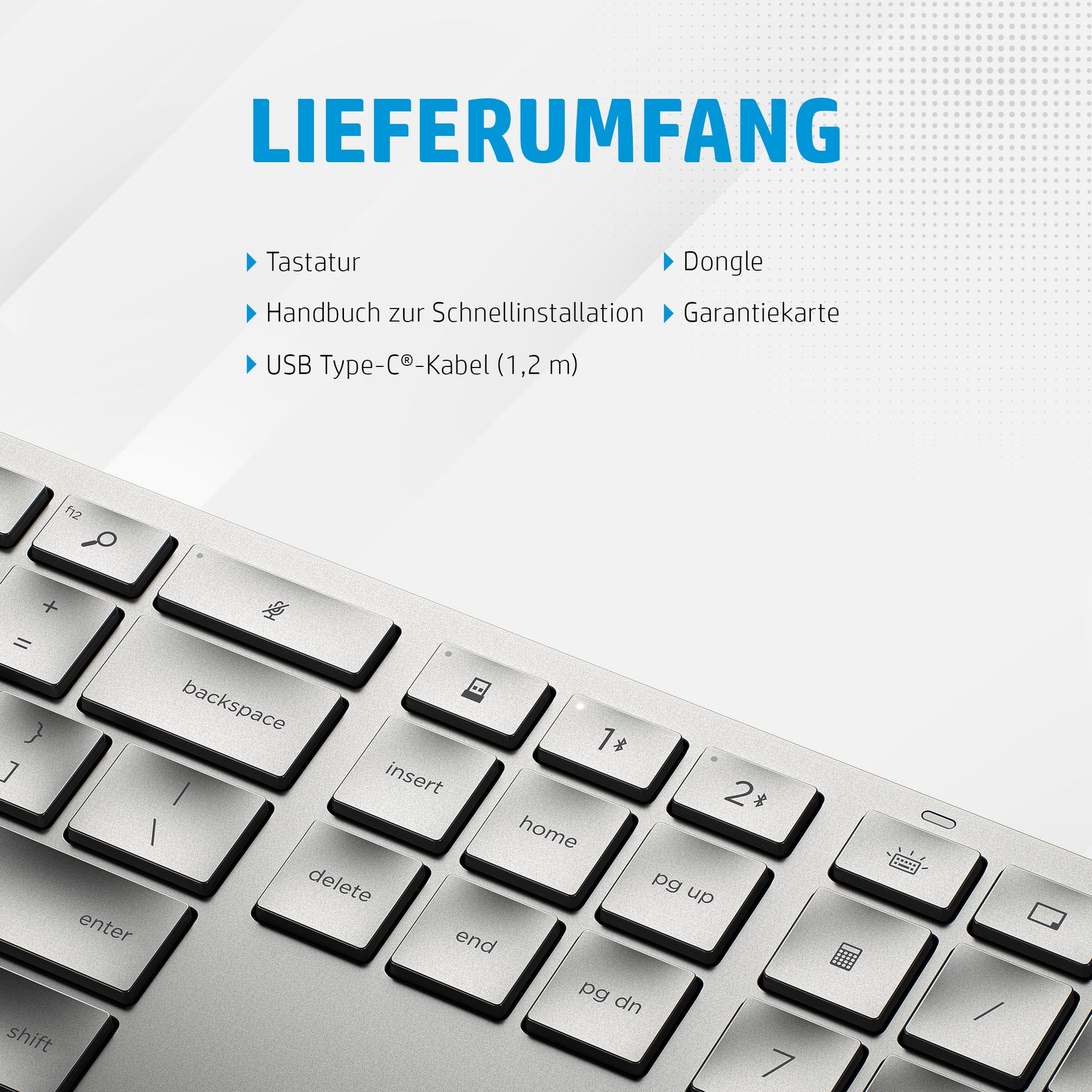 HP 970 Programmierbare Tastatur – Bluetooth – Multi-Device, USB-C Ladeport – Silber – für PCs mit USB-A