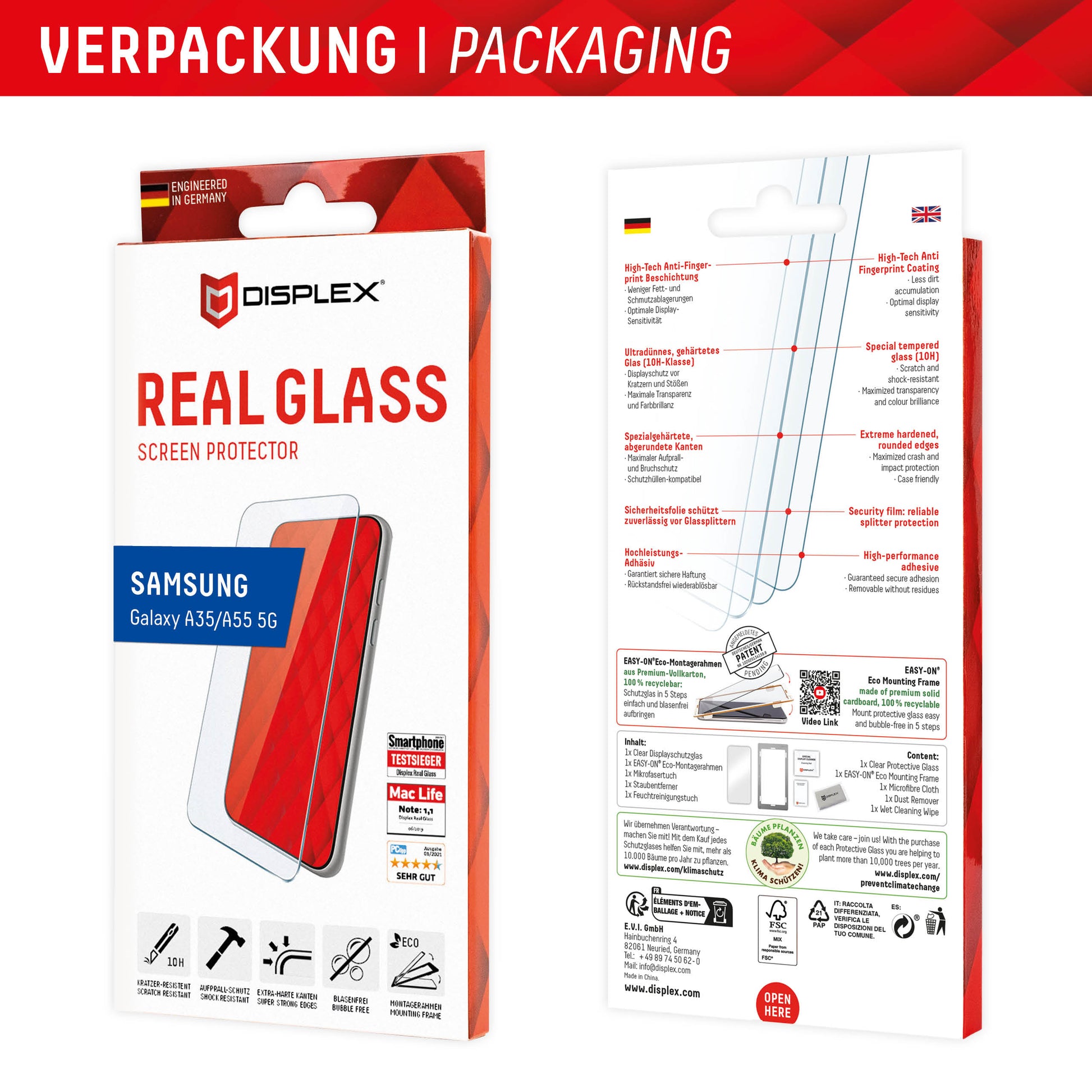 E.V.I. DISPLEX Real Glass – Backcover – für Samsung Galaxy A55 5G, Glas+TPU, Transparent