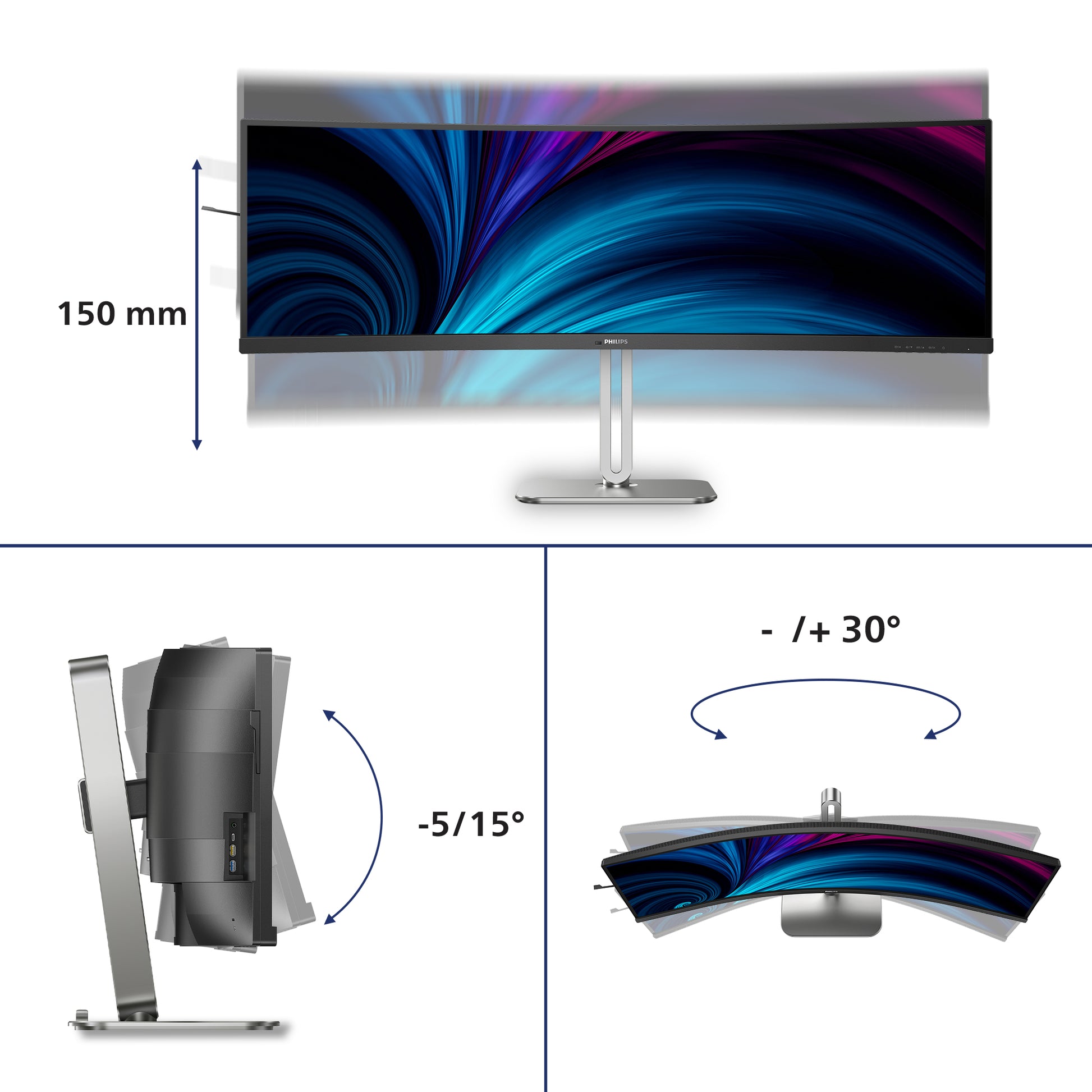 Philips 49B2U5900C/00 – Monitor, 48,8", 75 Hz, 450 cd/m², KVM, Gebogen, Lautsprecher, VESA 100 × 100, Schwarz