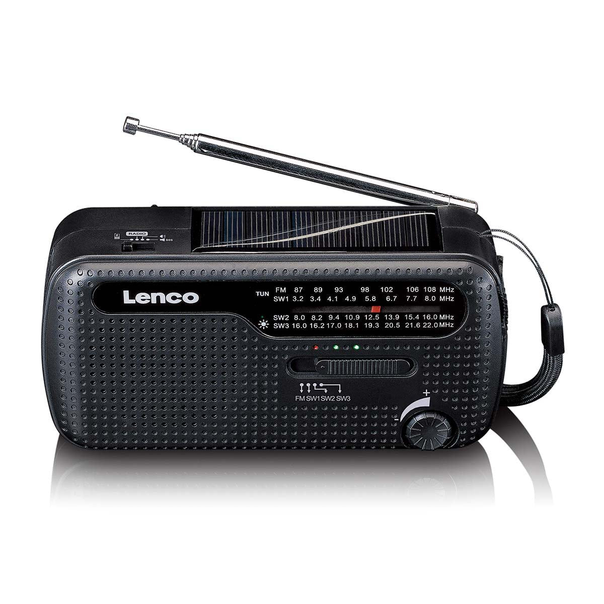 Lenco MCR-113BK – Tragbares Radio, UKW, Kurbel/Dynamo, Solar-/USB-C-Ladung, Powerbank, Lampe – Schwarz
