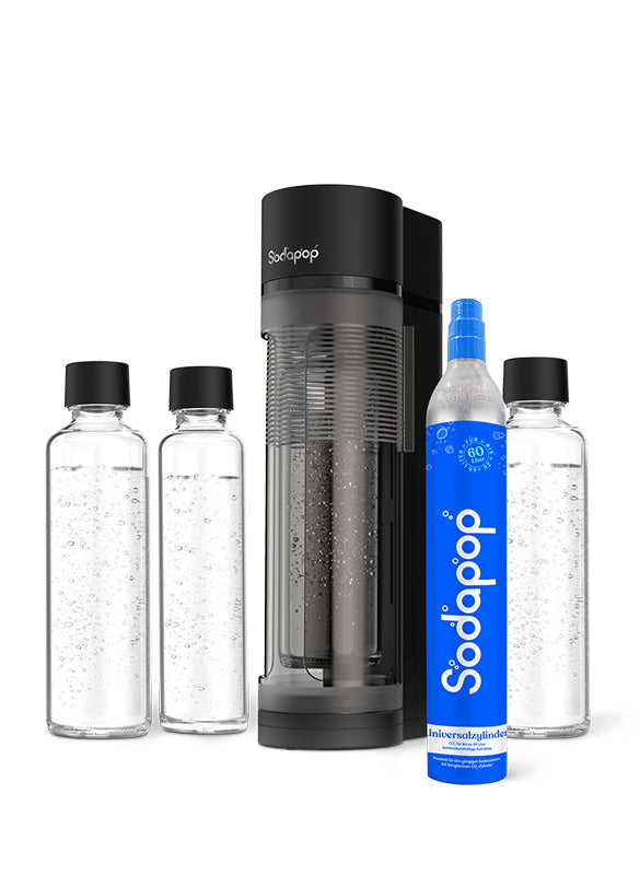 mySodapop Sodapop – Wassersprudler, 3 Flaschen (2× Glas, 1× PET), 1 l, Schwarz