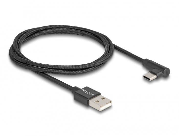 DeLOCK USB-A auf USB-C Kabel – USB 2.0 (480 Mbit/s) – 1 m – Textilmantel, Abgewinkelt – Schwarz