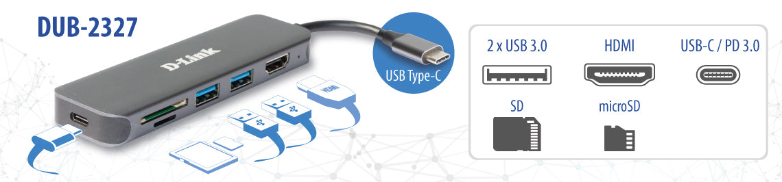 D-Link DUB-2327 USB-Hub – USB-C, 1× HDMI, 2× USB-A, 60 W PD, SD/microSD, für Windows/Mac
