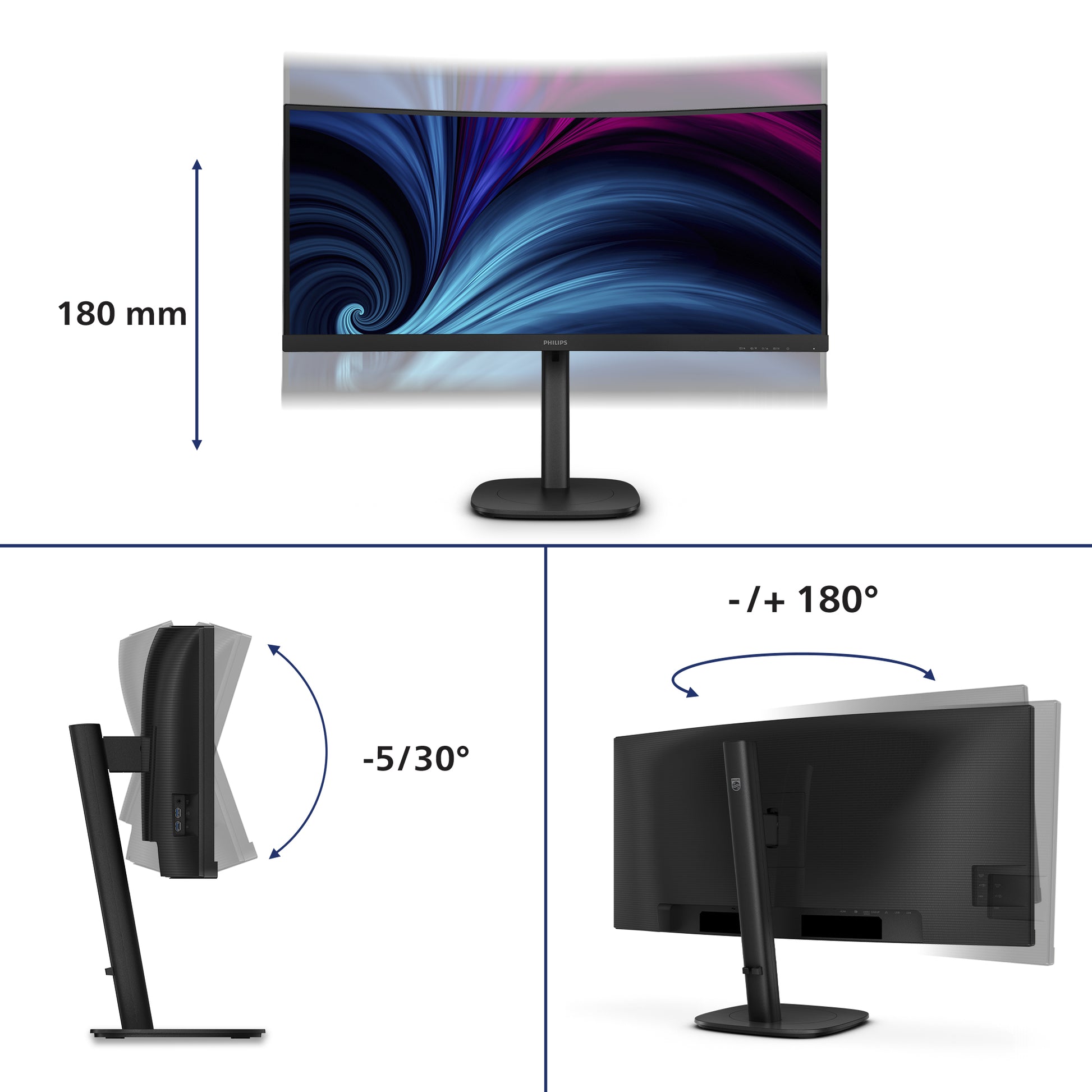 Philips 34B2U3600C/00 – Monitor, 34", VA, 120 Hz, Gebogen, USB-Hub, Adaptive Sync, Lautsprecher, Schwarz