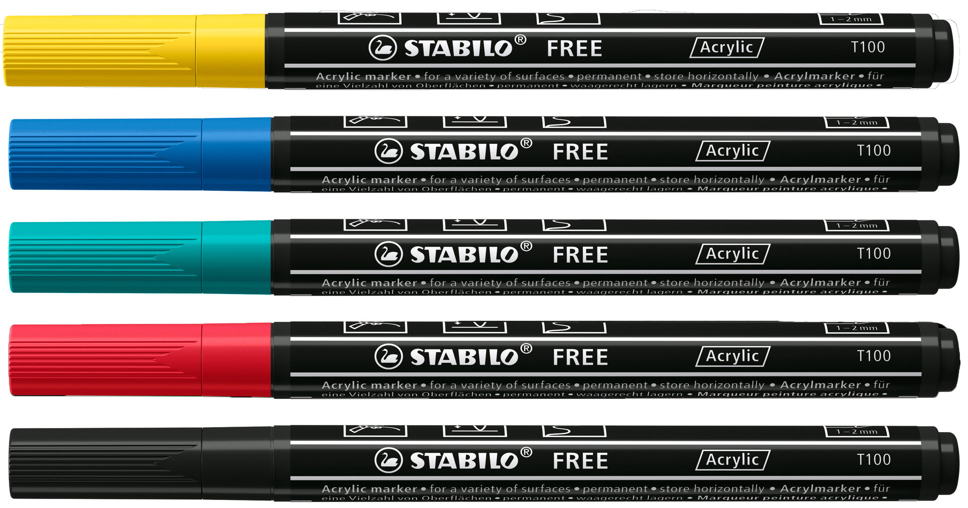 STABILO FREE T100 Acrylmarker – Rundspitze 1–2 mm – 5er-Set (Royal), für Glas