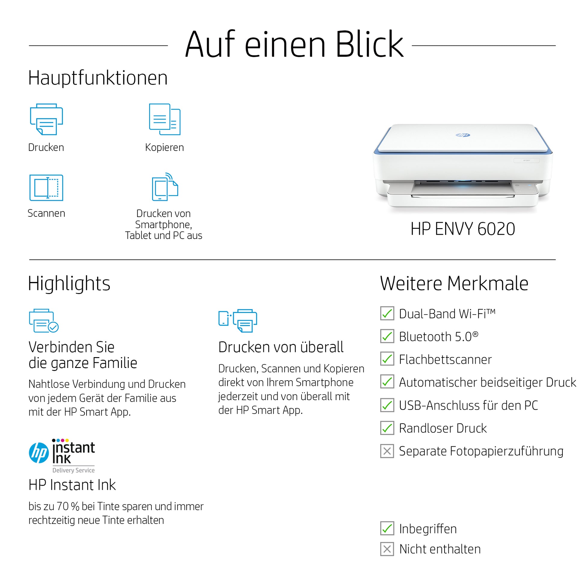 HP ENVY 6010 – Farbtintenstrahl-Multifunktionsdrucker, A4, 3-in-1, Duplex, WLAN, AirPrint, Mopria