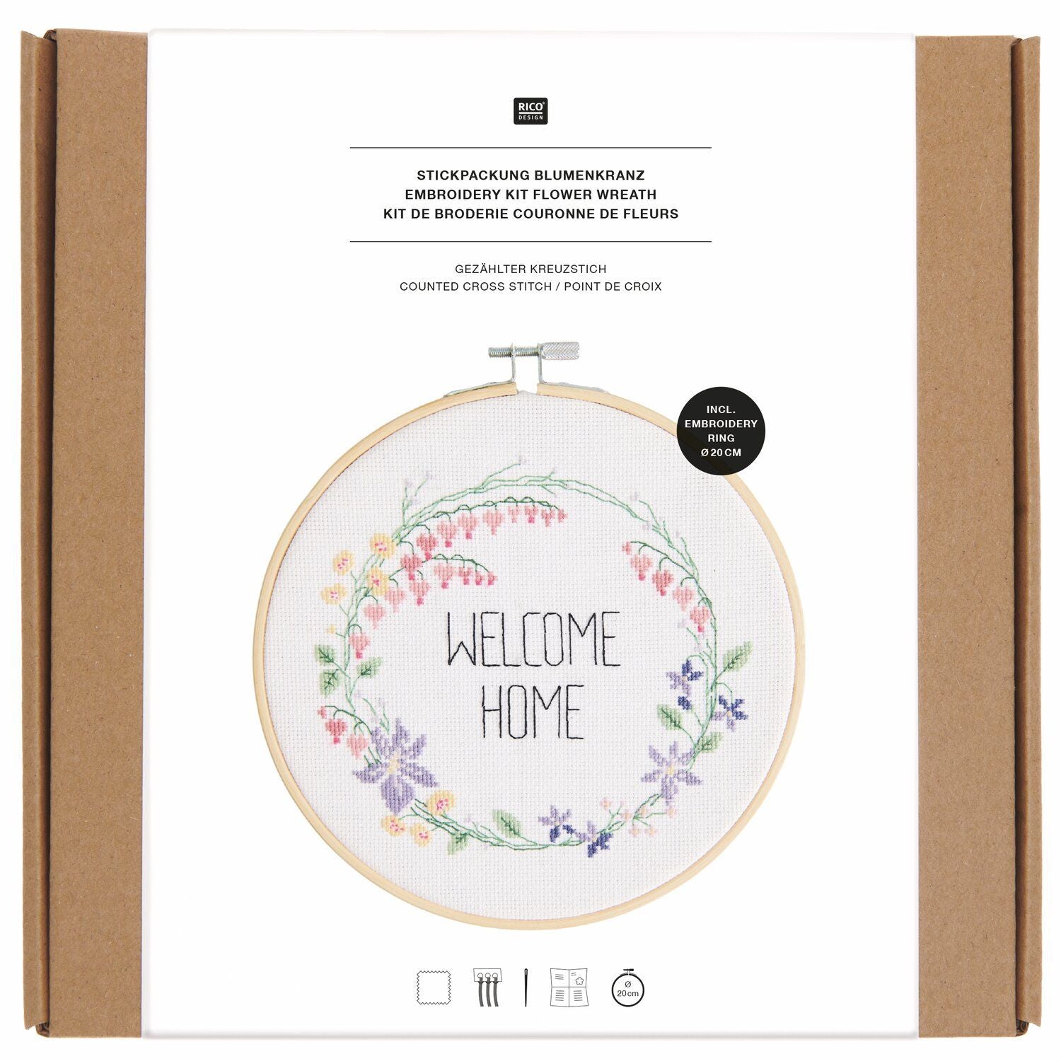 Rico Design Kreuzstich-Bastelset Blumenkranz – Ø 20 cm