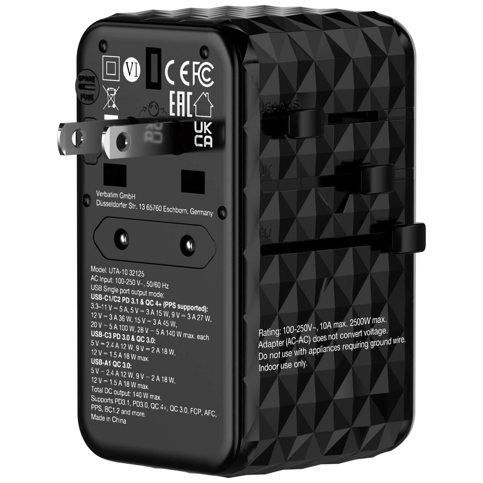 Verbatim GaN III Universelles Reise-USB-Ladegerät 140 W – USB-C×3, USB-A×1 – PD 3.1, QC 4, GaN
