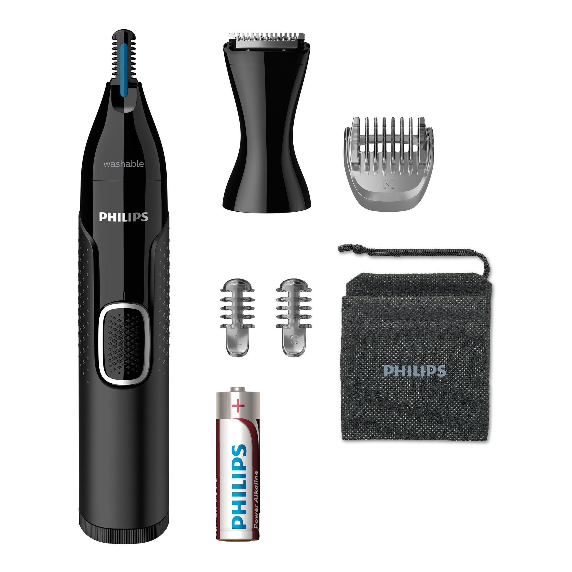 Philips Nasen- & Ohrenhaartrimmer NT5650/16 – 3 Kammaufsätze, batteriebetrieben – schwarz, Edelstahlmesser