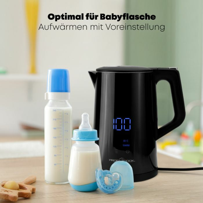 ProfiCook Wasserkocher – 1,7 l, mit Temperaturwahl, Warmhaltefunktion, Edelstahl, schwarz, PC-WKS 1243