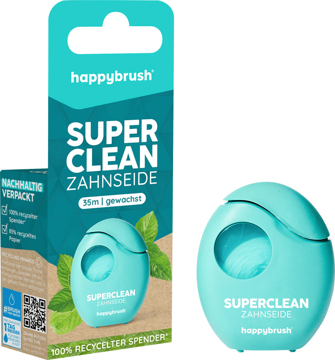 happybrush Zahnseide SuperClean – gewachst, Minze – 35 m – blau
