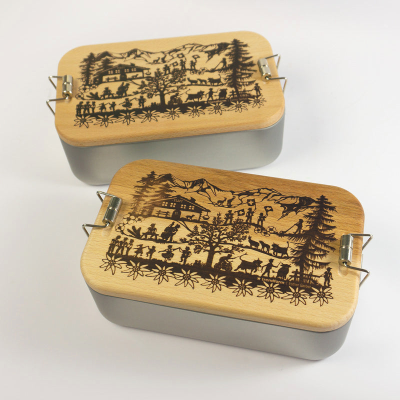 Trendform Lunchbox Swiss Tradition – Holz (Buche) & Blech – Silber, Schweiz-Motiv – 11,5 × 6,5 × 19 cm