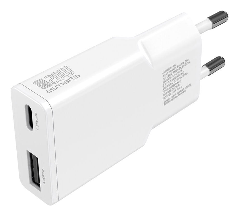 4smarts PDPlug Slim Duos USB-Wandladegerät 20 W – USB-C×1, USB-A×1 – PD, PPS, GaN – für Smartphone & Tablet