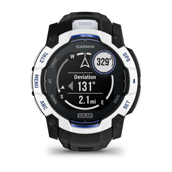 Garmin Instinct 3 50 mm GPS – faserverstärkter Kunststoff Weiss, Sportarmband, Dunkelblau, 100 m, für iPhone
