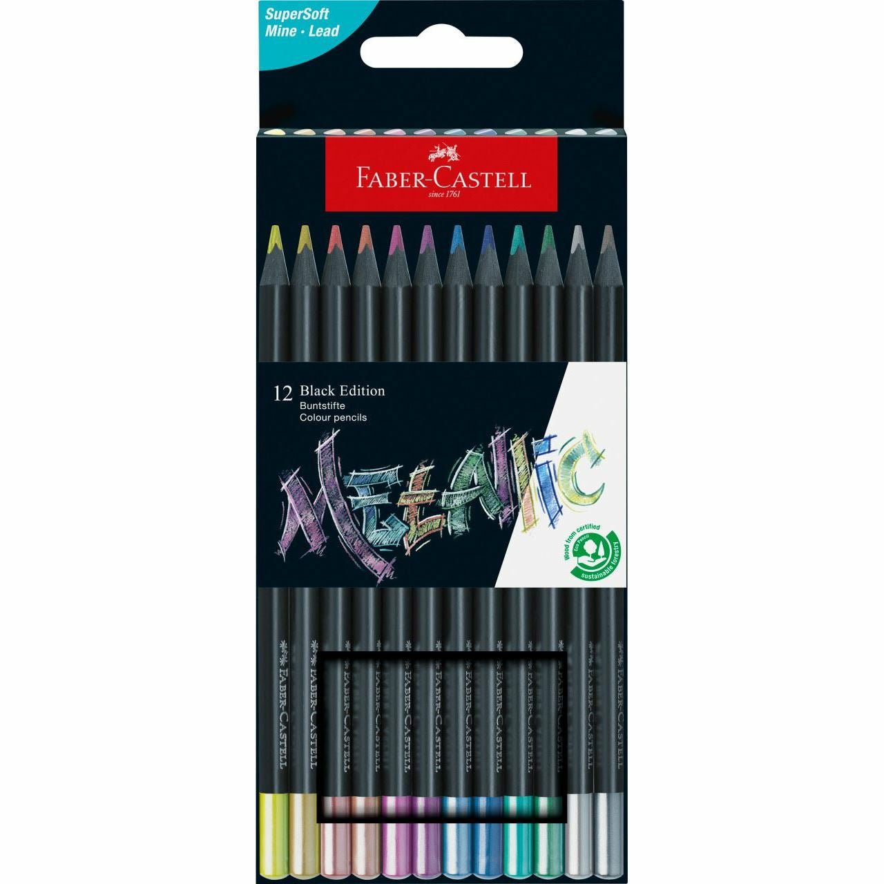 Faber-Castell Aquarellfarbstifte Black Edition – Metallic, Dreikant, 12 Farben, im Kartonetui