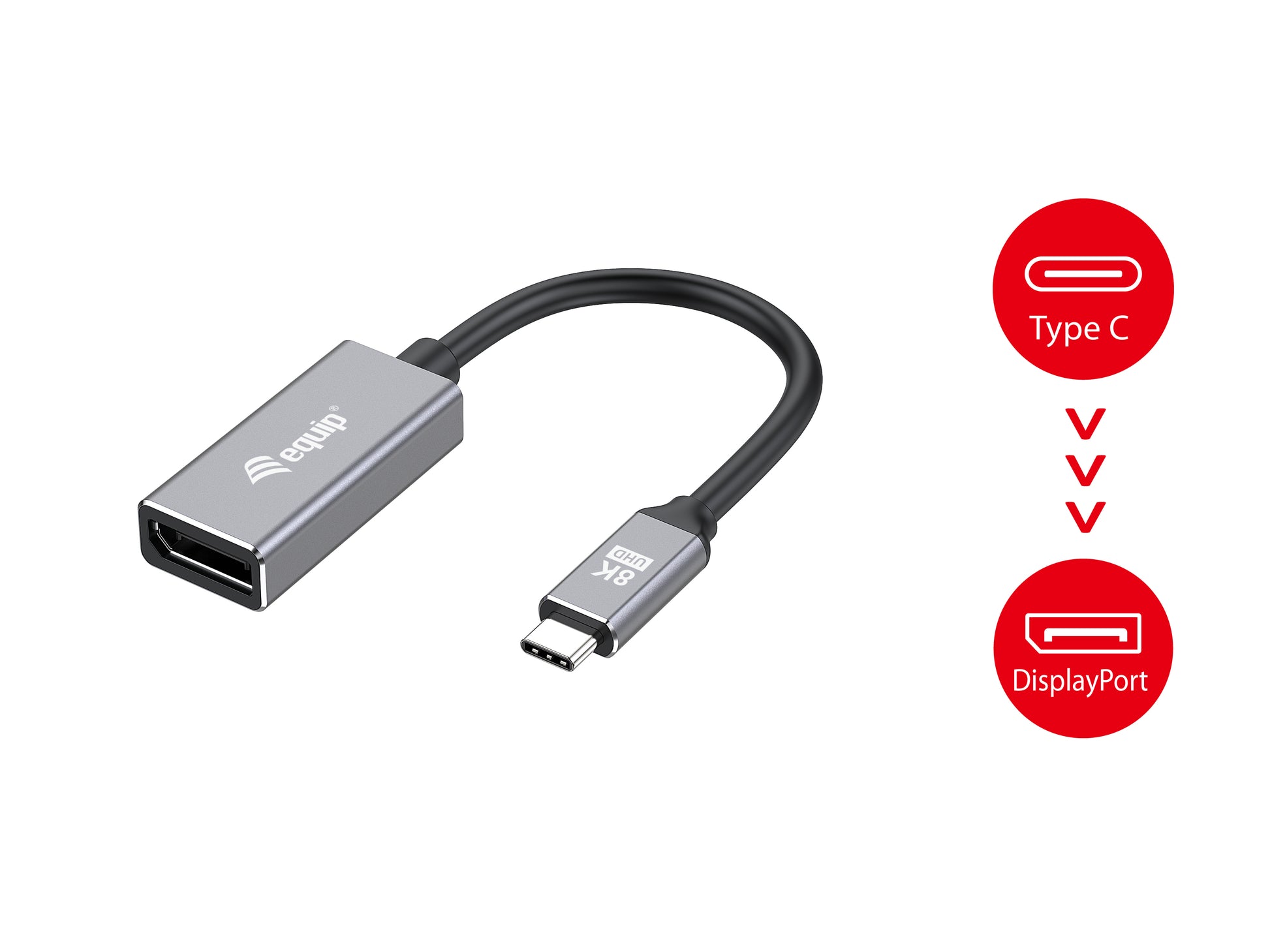 Equip Adapter USB-C zu DisplayPort – 8K (7680 × 4320) @ 30 Hz, DisplayPort 1.4, 0,15 m, Schwarz/Grau