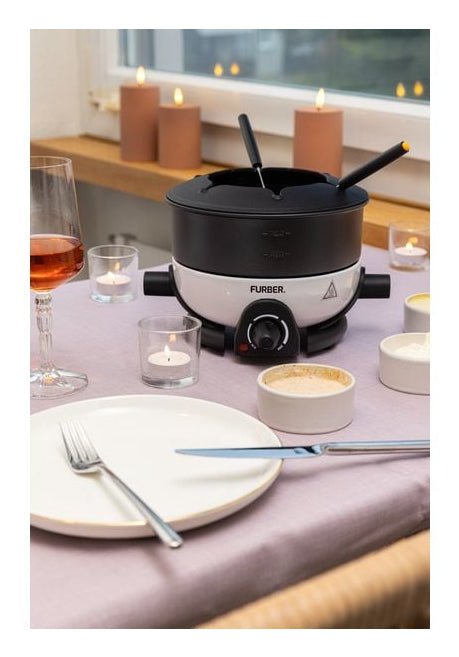 Furber. Furber Fondue-Set Alpy – Edelstahl, 1,3 l, 6 Gabeln, elektrisch – schwarz/weiss