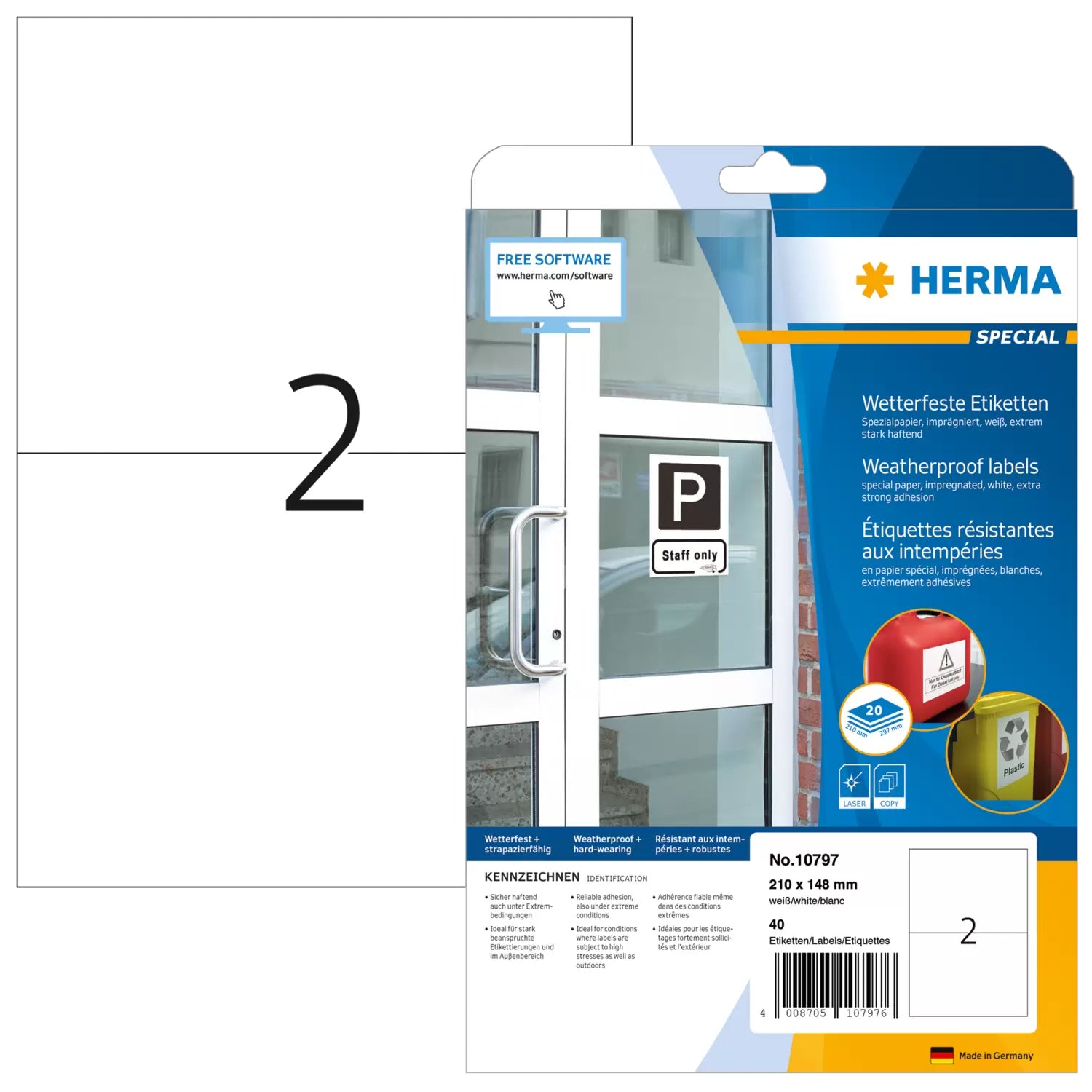 HERMA 10797 – Etiketten A4 210 × 148 mm – Papier, weiss – permanent haftend – Laser – 2 pro Blatt, 20 Blätter