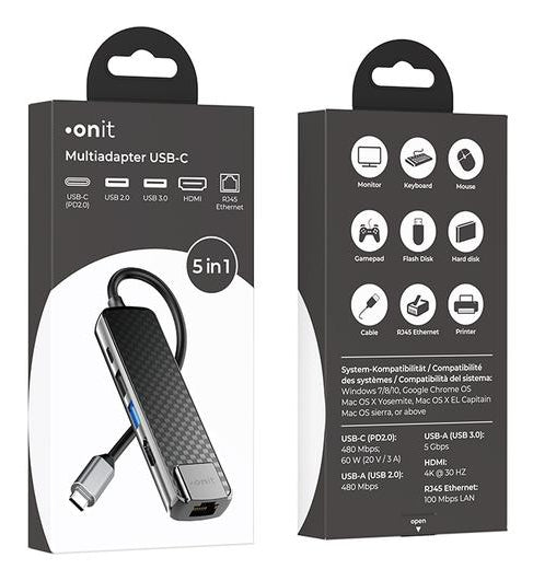 ONIT F00834 Multiport-Adapter – USB-C, 1× HDMI, 2× USB-A, 1× USB-C, 60 W PD, für Windows/Mac/Android