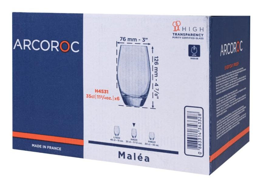 Arcoroc Trinkgläser Malea – 6er Set, 350 ml, Ø 7,6 cm, H 12,6 cm, Gehärtetes Glas, spülmaschinenfest