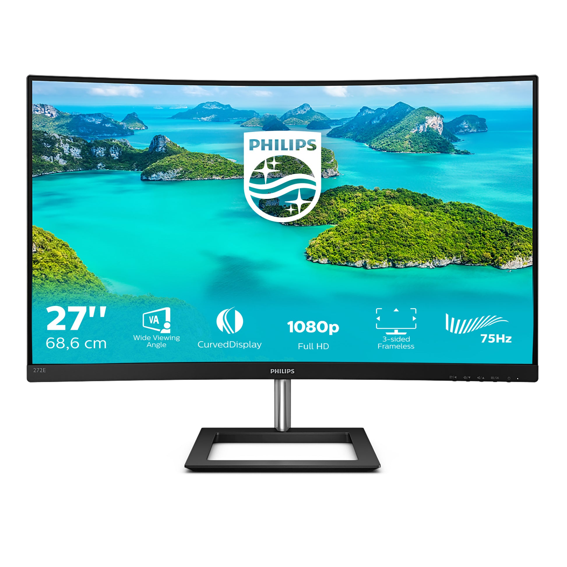 Philips 272E1CA – Monitor, 27", VA, 75 Hz, 250 cd/m², Gebogen, Lautsprecher, VESA 100 × 100, Schwarz
