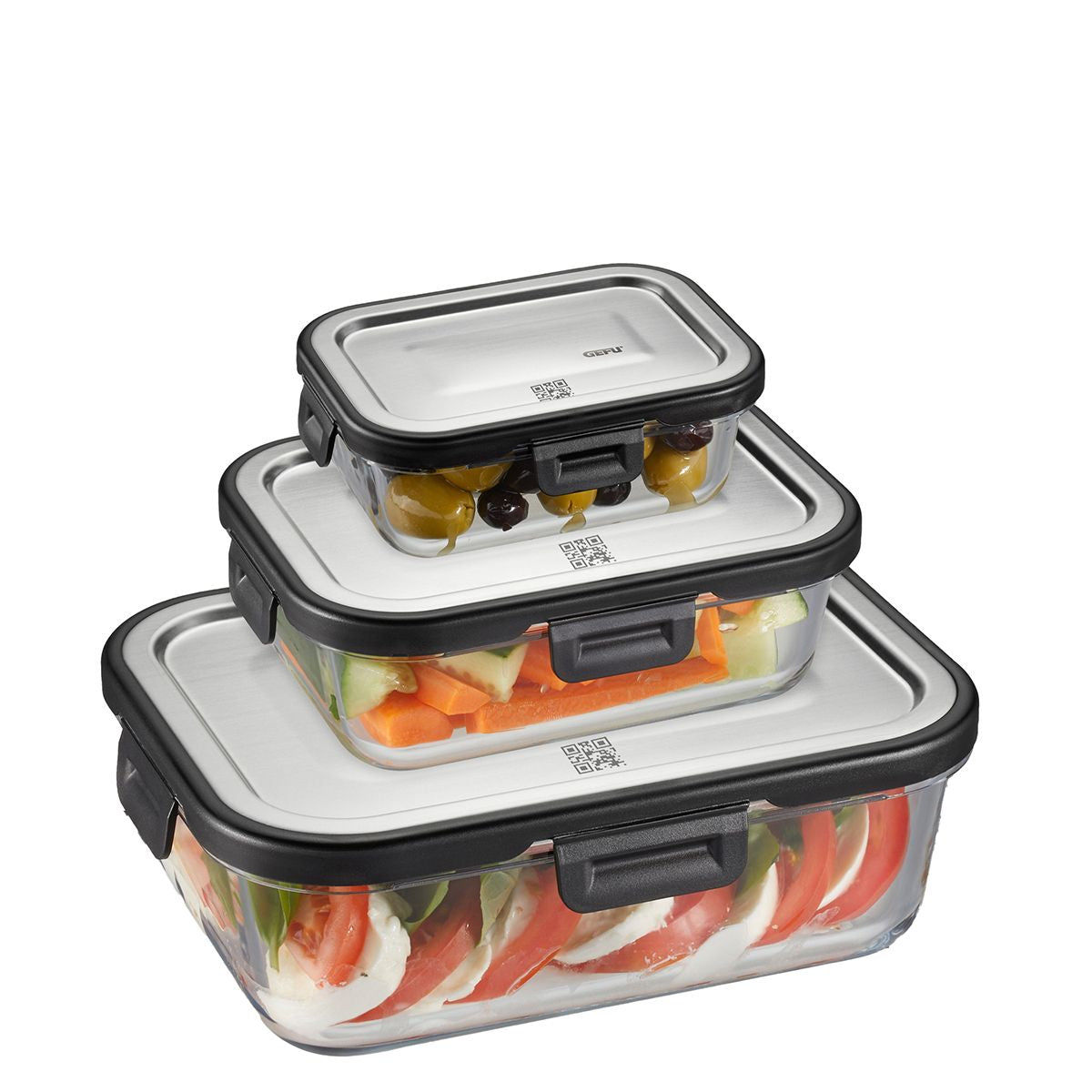 GEFU 3-teiliges Vorratsdosen-Set, 400 ml/600 ml/1 l, Glas (Borosilikat)/Silikon, transparent