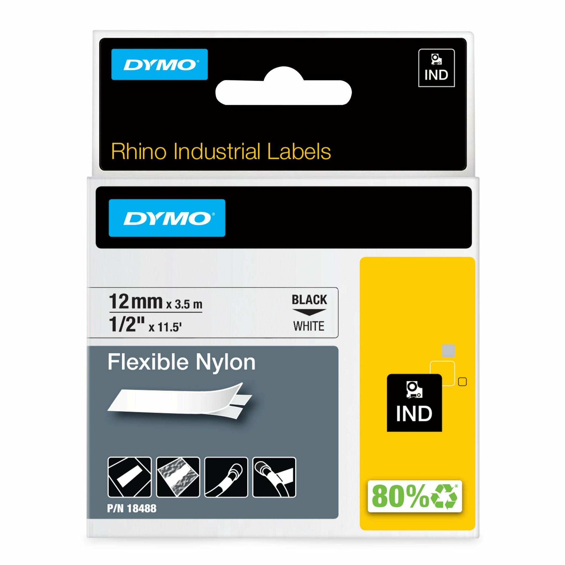 DYMO 18758 Flexibles Schriftband – Schwarz auf Weiss – 12 mm × 3,5 m, Nylon – für DYMO Rhino IND