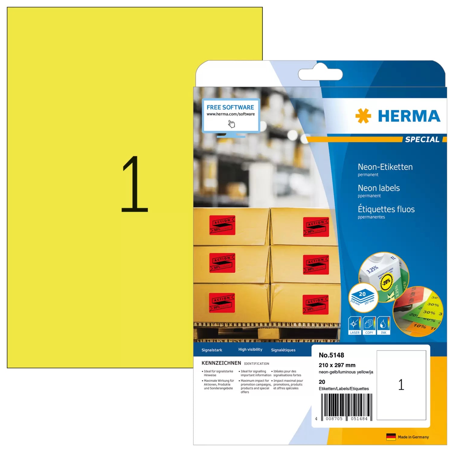 HERMA Schuletiketten – Motiv Neongelb – 210 × 297 mm, 20 Stk, 20 Bogen, Papier, permanent haftend
