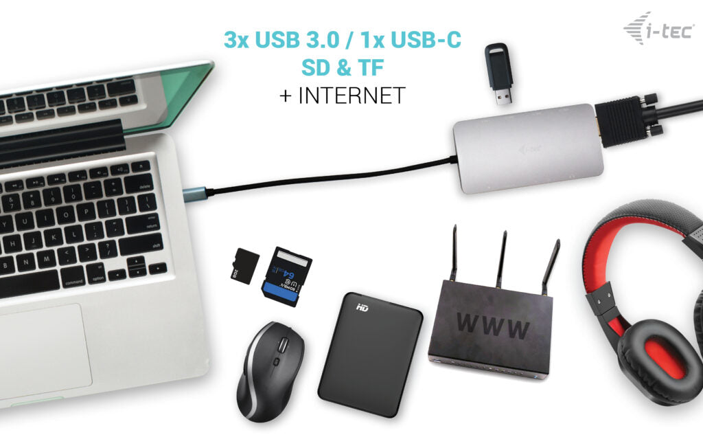 i-tec Multiport-Adapter – USB-C, 1× HDMI, 1× VGA, 3× USB-A, 2× USB-C, 100 W PD, GbE, für Windows/Mac/Linux