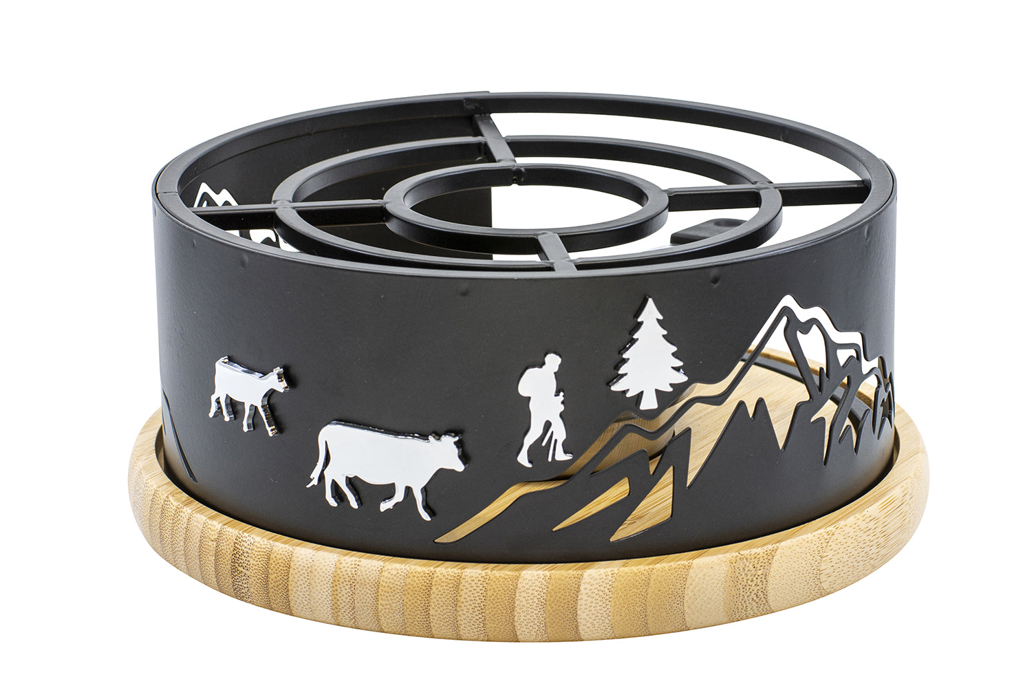 Kadastar 100243 – Rechaud, Ø 22 × 10 cm, Edelstahl/Bambus, Schwarz/Bambus, mit Pastenbrenner