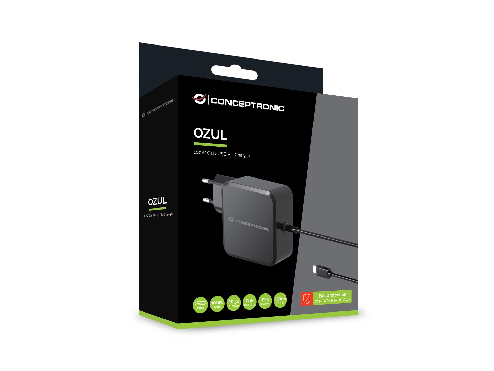 Conceptronic OZUL05BE USB-Ladegerät 100 W – USB-C (integriertes Kabel) – PD 3.0, PPS, GaN