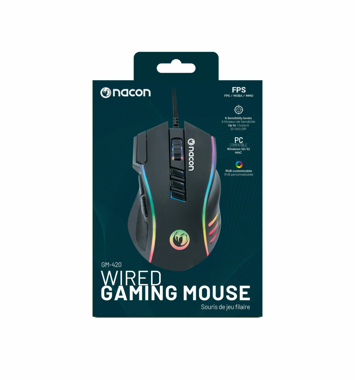 NACON GM-420 – Gaming-Maus – Kabelgebunden (USB-A), 12000 DPI, RGB-Beleuchtung, rechts, Schwarz