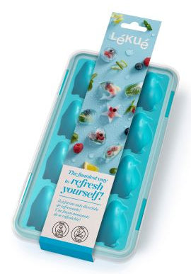 Lékué Eiswürfelform Pinguin – 23 × 11,8 × 3,2 cm, Kunststoff (SBS), Türkis, 12 Stk., mit Deckel
