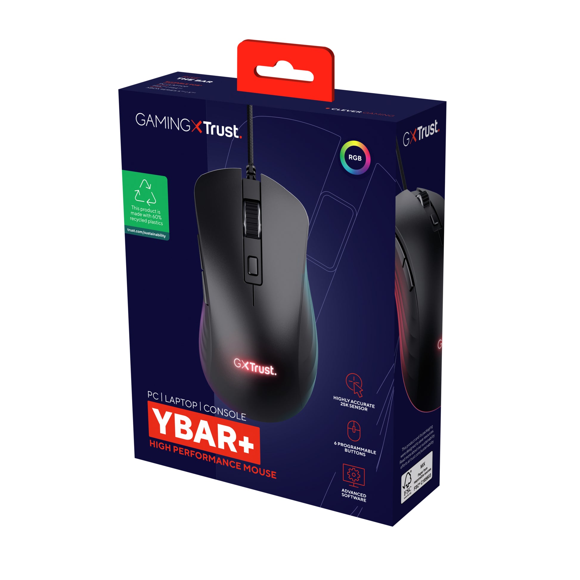 Trust GXT 924 YBAR+ Gaming-Maus – kabelgebunden, 6 Tasten, für Rechtshänder, RGB-Beleuchtung, schwarz