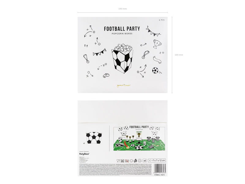 PartyDeco Take-away-Box, Papier – 70 × 70 × 120 mm, Fussball, Schwarz-Weiss – 6 Stk.