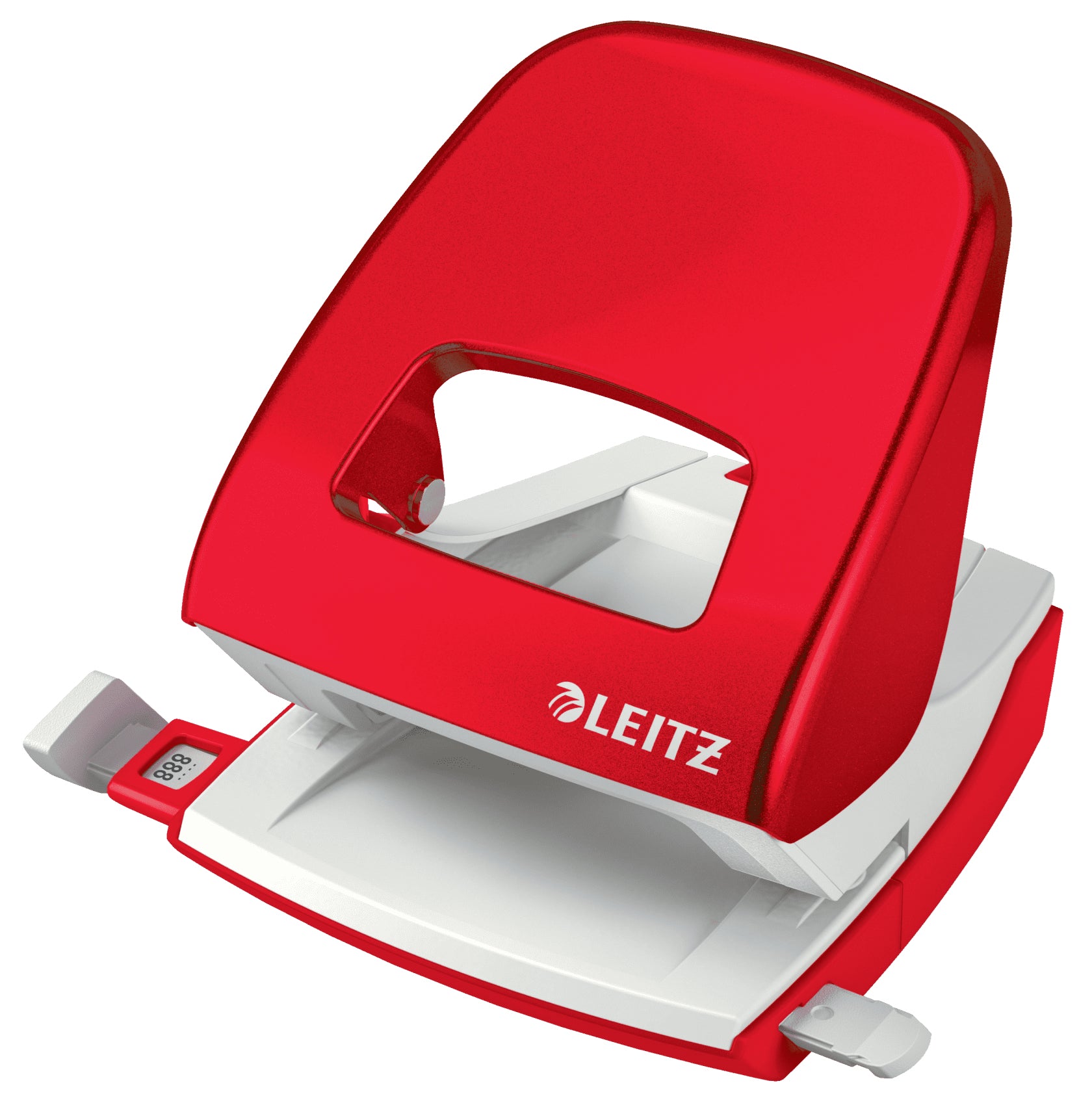 Leitz Bürolocher NeXXt WOW 5008 – 2-Loch, Lochabstand 80 mm, 30 Blatt, bis A4, Ø5,5 mm – Rot/Weiss – Metall