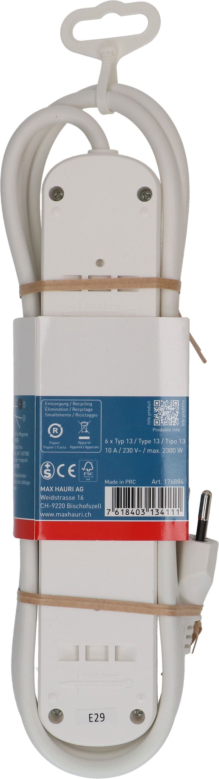 Max Hauri AG Max Hauri Basic-Line Steckdosenleiste, 6×T13, mit Schalter, 1,5 m, Eingang T12, IP20 – weiss