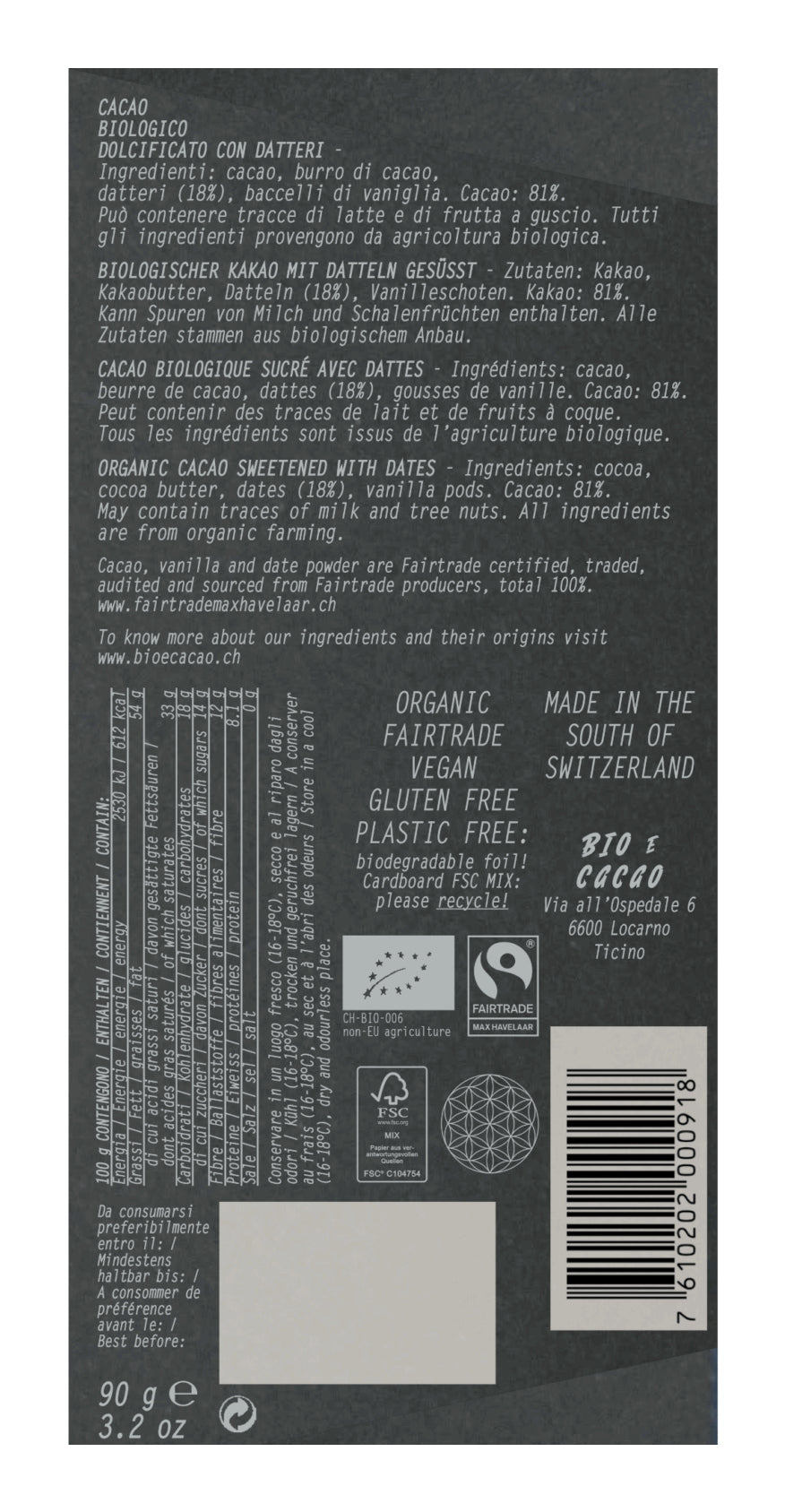 BioeCacao Dattelschokolade – Dark Cream 81%, bio, vegan – 90 g