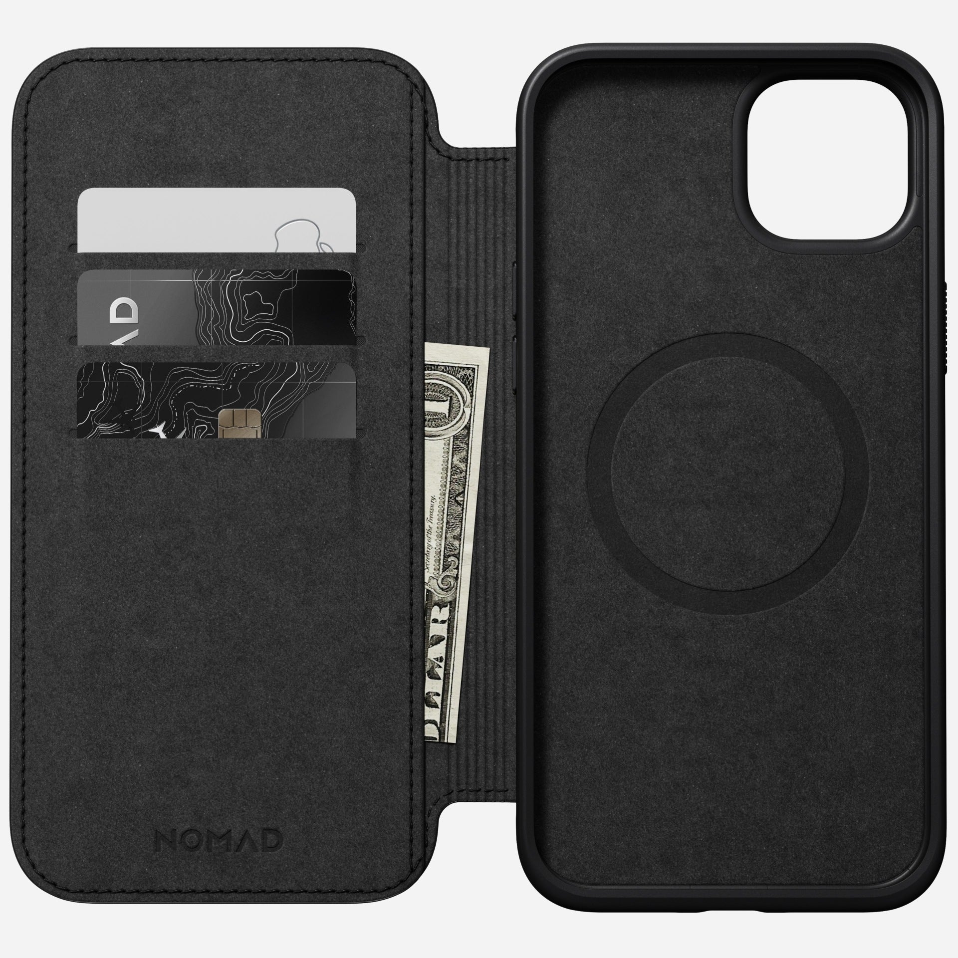 Nomad Moderne Wallethülle – für Apple iPhone 15 Plus, 3 Kartenfächer, Leder, Schwarz, bis 2,4 m sturzsicher