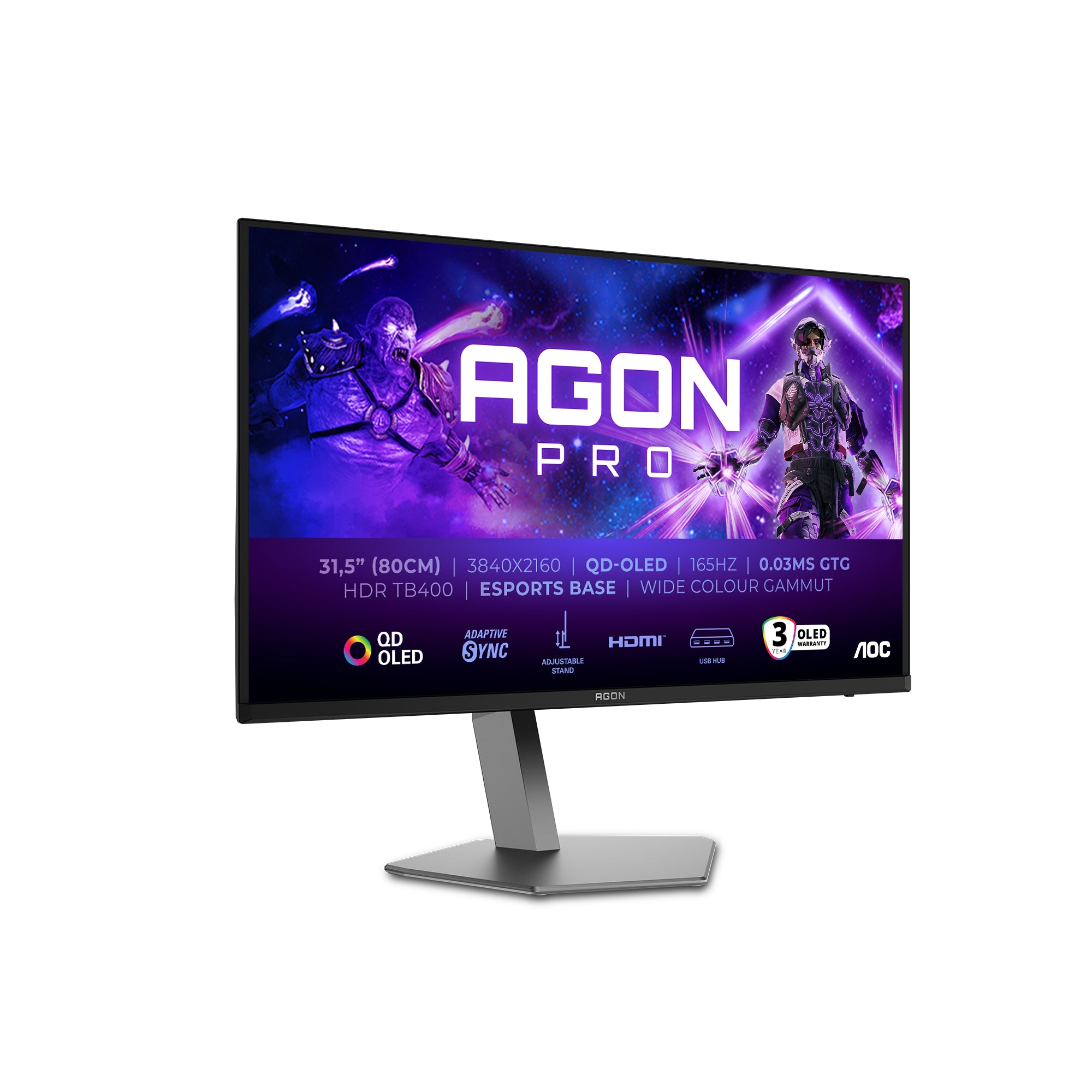 AOC AG326UD – Monitor, 31,5", OLED, 165 Hz, 250 cd/m², USB-Hub, Lautsprecher, VESA 100 × 100, Schwarz