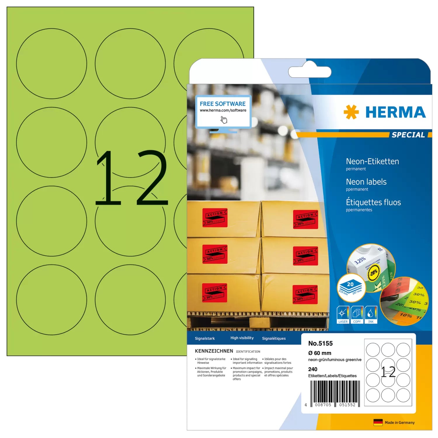 HERMA Druckeretiketten, Ø 60 mm, Neongrün, Papier, Permanent, 240 Etiketten (20 Blatt, A4)