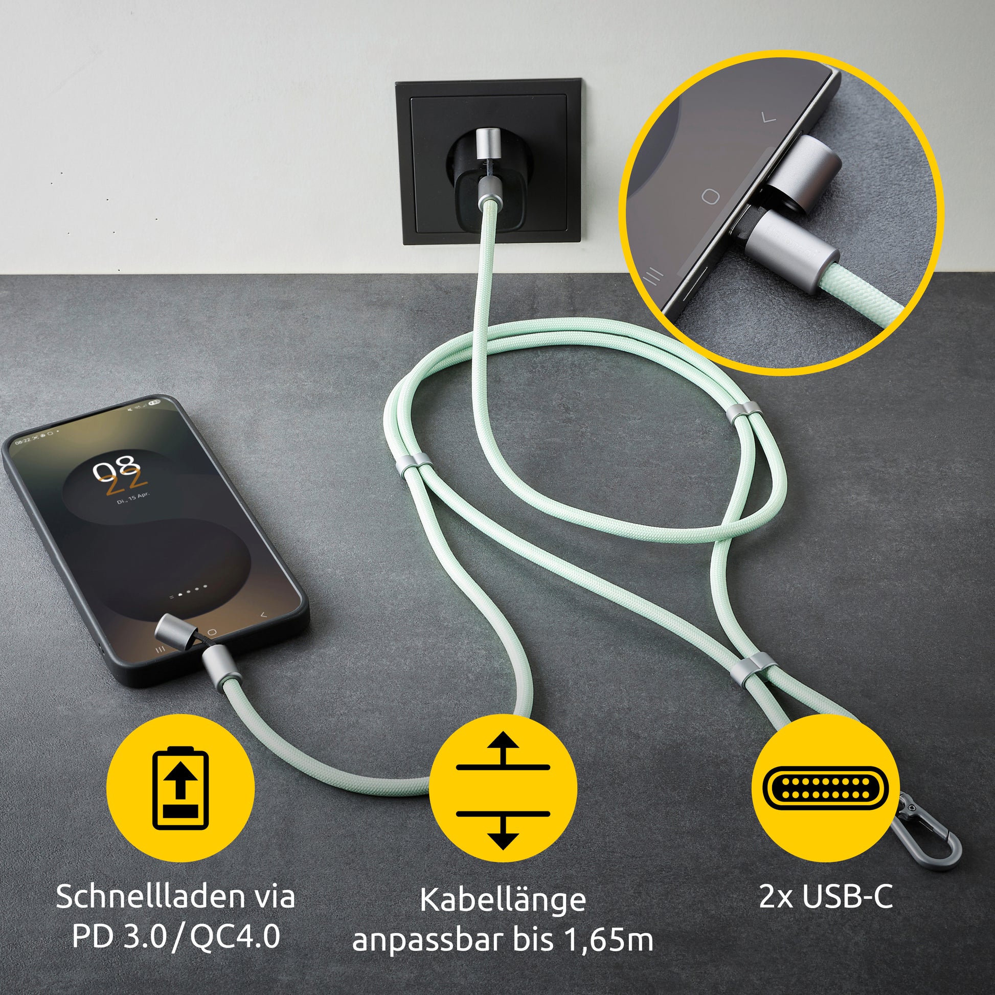 Intenso Daten- & Ladekabel – USB-C auf USB-C 1,65 m, PD 60 W, geflochten, Grün – für USB-C Geräte
